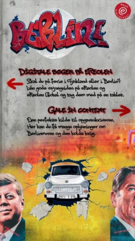 Skærmplakat med reklamer for online databaser med fokus på Berlin og Tyskland